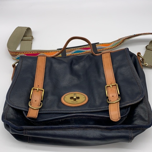 Fossil Handbags - Fossil Navy Blue Leather Messenger Bag with Brown Leather Straps